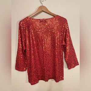 Large gold sequin, red-orange top